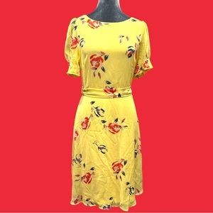 DKNY floral brushstrokes bright vibrant yellow sheer outer fully lined midi